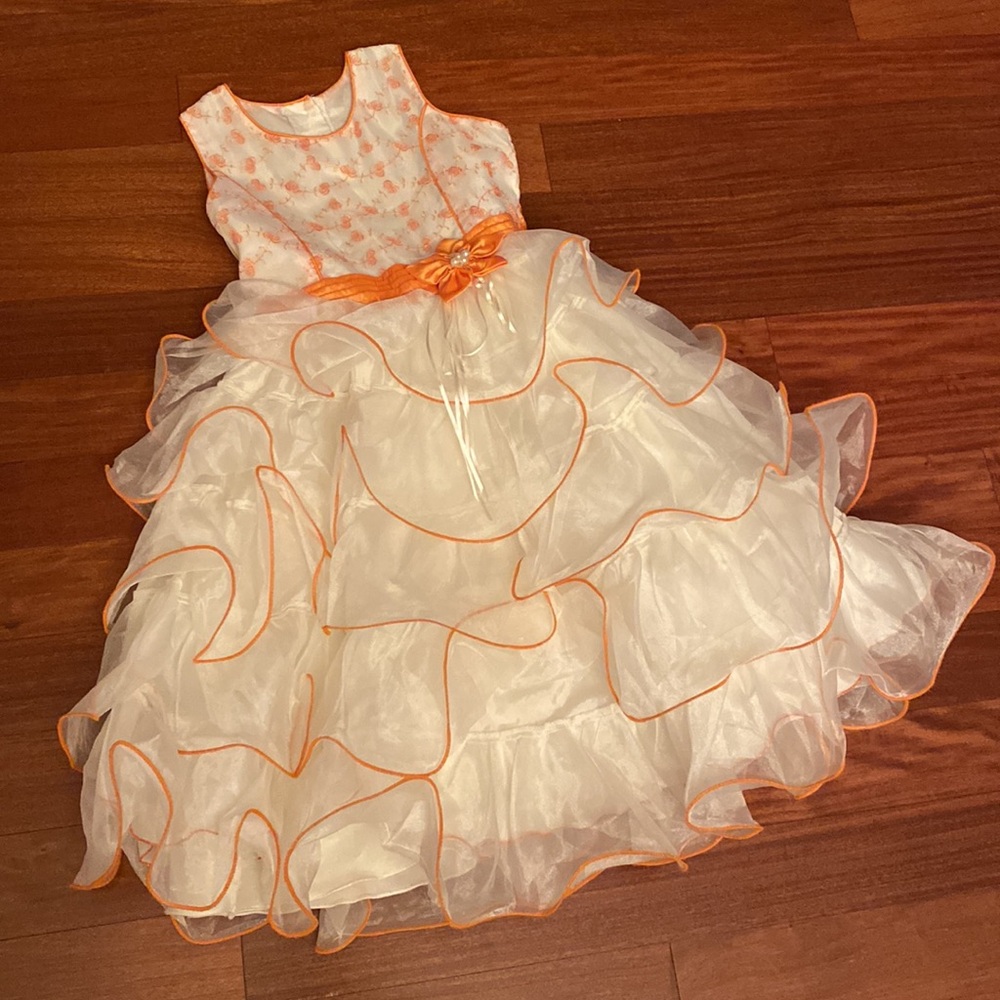 Alejandra Orange & White Floral Girls Tulle Layered Dress - Size 8 Beautiful